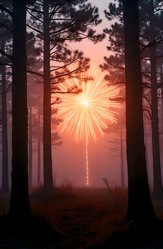 Fireworks display bursting over a forest illuminated against a dusky pink and orange sky firework pyrotechnics celebration festivity illumination night