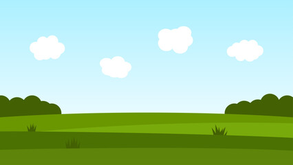 Cartoon landscape with green hills, blue sky and white clouds, flat vector illustration of a summer meadow © Sharif