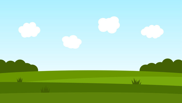 Cartoon landscape with green hills, blue sky and white clouds, flat vector illustration of a summer meadow