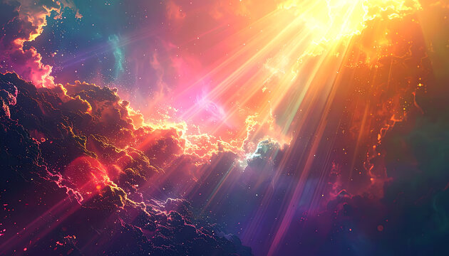 vibrant pixelated nebula clouds with celestial light rays and shimmering particles