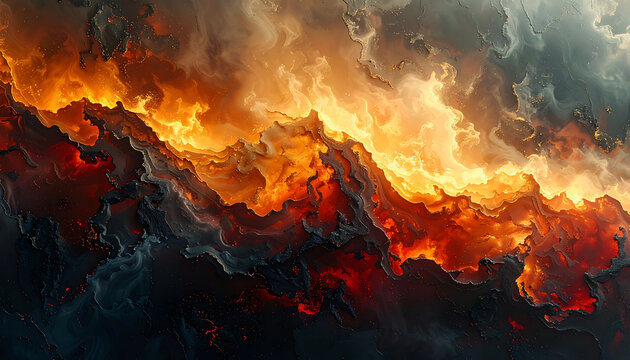 Abstract fiery magma flow with glowing orange embers and dark molten rock texture