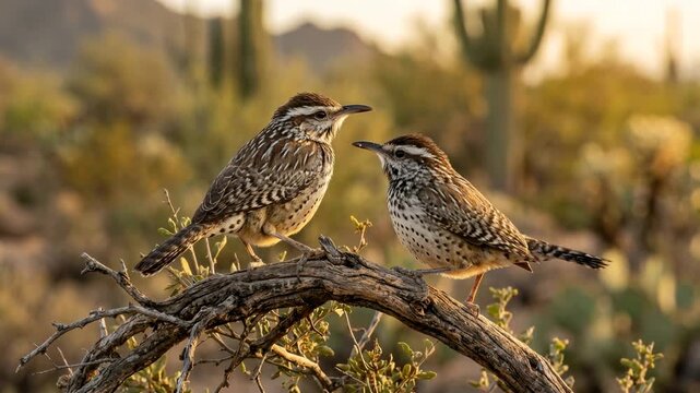 two cactus wren close up in sonora desert golden light video