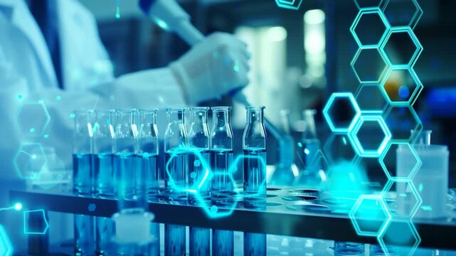 Gloved hand entering from the right, pipetting blue reagent into a tube rack for analysis, with shifting holographic data visualizations in a high-tech laboratory environment.