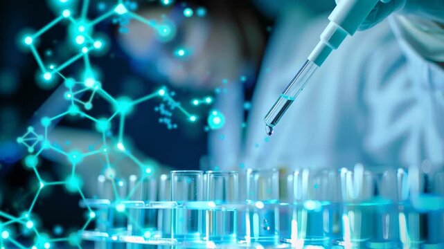 Gloved hand entering from the right, pipetting blue reagent into a tube rack for analysis, with shifting holographic data visualizations in a high-tech laboratory environment.