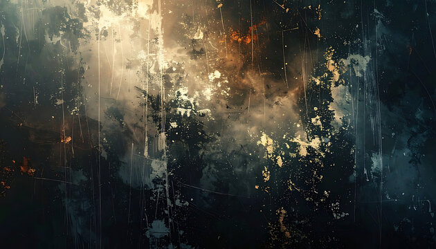 Abstract dark storm atmosphere with light particles and dramatic rain texture overlay