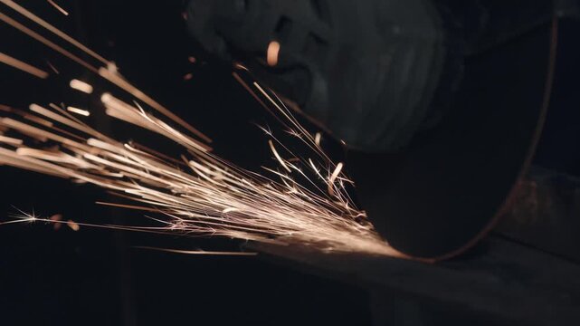 Closeup dynamic angle grinder sparks streaming across metal surface, highspeed abrasive motion, orange trails and industrial