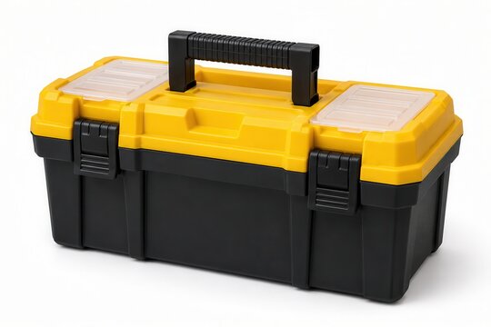 A tool box sits on a clean surface. The box has a yellow and black color scheme. It is designed to hold various tools and supplies for use in projects at home or work.