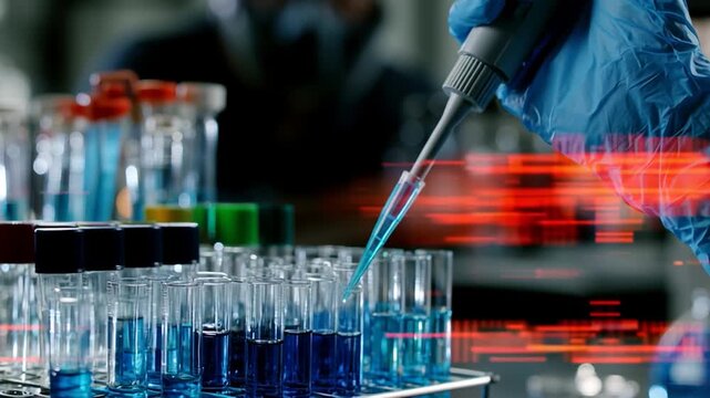 Gloved hand entering from the right, pipetting blue reagent into a tube rack for analysis, with shifting holographic data visualizations in a high-tech laboratory environment.