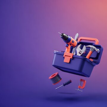 Floating toolbox with tools on a vibrant gradient background 3D render