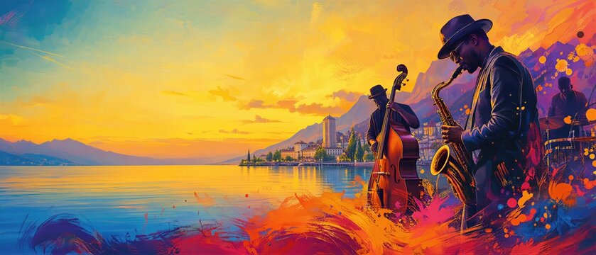 Jazz band playing music by Lake Geneva at sunset. Saxophonist, double bass player and drummer performing at a summer music festival. Banner with copy space