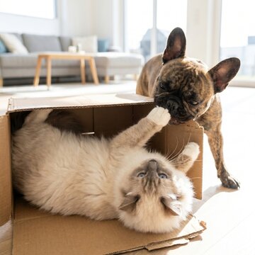 Friendship of dog and cat: French Bulldog biting a cardboard box while a playful Ragdoll cat lies upside down inside, bright positive home