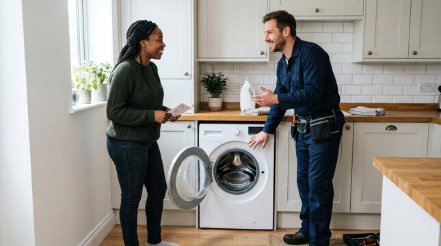 Smiling male repairman talking to a female customer in a kitchen. Professional technician fixing a washing machine. Home appliance maintenance service