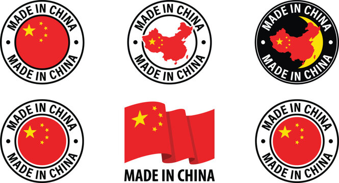 Made in China Label Collection with Waving Flag Map and Circular Round Stamps Vector Illustration