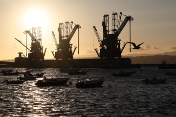 Obraz premium Cranes for cargo ships in the river