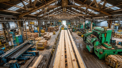Fototapeta premium Industrial sawmill interior with wooden planks on conveyor belt. Lumber processing factory and timber manufacturing plant. Woodworking production line with heavy machinery