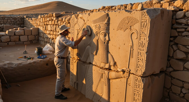 Archaeologist cleaning an ancient Assyrian stone relief in the desert. Historical excavation and discovery concept