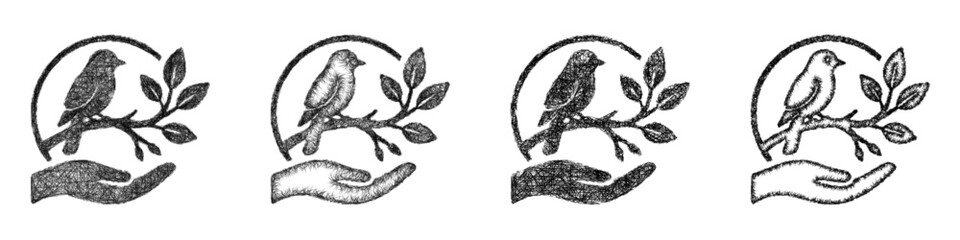 Obraz premium Sketch black and white bird conservation icon design set