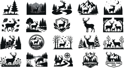 Obraz premium Deer wildlife silhouette collection featuring forest landscapes wilderness emblems nature badges and outdoor adventure designs.