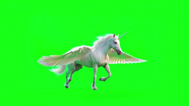 Winged white unicorn running on green screen background, chroma key
