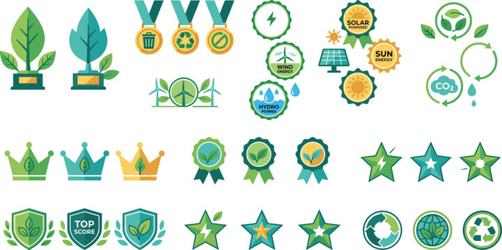 Eco sustainability badge and green certification icon collection featuring renewable energy recycling carbon reduction and environmental awards.