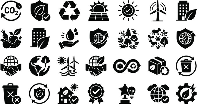 Environmental sustainability and green energy icon collection featuring recycling renewable resources carbon reduction and eco protection concepts.