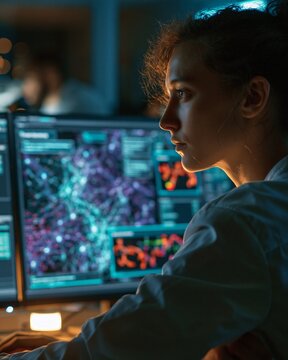 A cancer researcher analyzes a large monitor filled with molecular networks, conversational interface elements, and highlighted pancreatic pathway maps in a dim research office. Serious data-driven