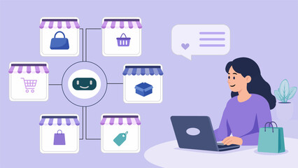 Naklejka premium AI-powered ecommerce illustration showing a virtual shopping assistant helping customers navigate online stores, compare products, discover deals, and improve 