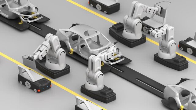 Assembly line concept. Stylized 3D animation of robots with suction function picking up a car door and installing it on the frame, then welding it in place