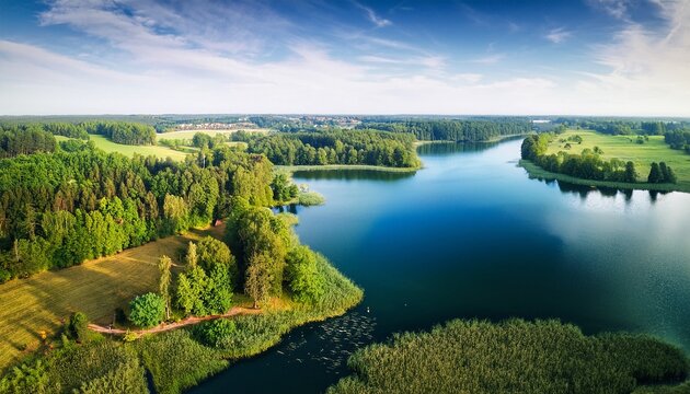 poland suwalszczyzna national park lake water blue wigry drone high polish licopter tree land coast fly shore bird green river serenity view swimming scenery