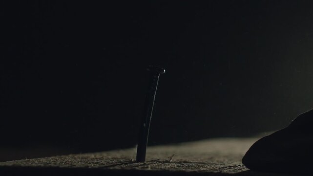 Nail driven into wood, hammer impact, lowangle closeup with dust motes and sharp backlight, slow ambient motion and tactile