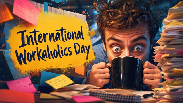 Man drinking coffee at messy desk with sign for International Workaholics Day. Stressed employee overwhelmed by workload and paperwork. Concept of burnout, exhaustion and busy career.
