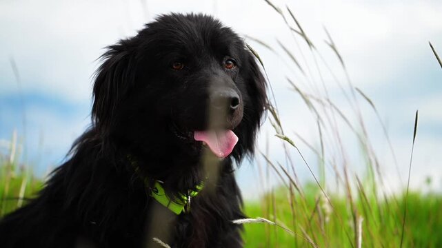 Horizontal video in slow motion at 1080p at 60 fps of a beautiful black dog sitting in the tall grass
