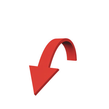 A3d rendered red arrow with a smooth curved arch pointing downwards, isolated on a white background, for business and, financial data analysis