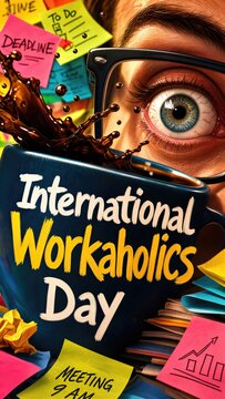 Man with wide eye wearing glasses looking at coffee cup on Workaholics Day. Stressed employee overwhelmed by deadline and tasks. Career burnout, caffeine addiction and office pressure concept.
