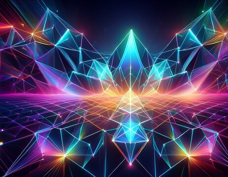 this 3d rendered abstract science background features optical prism light dispersion connected geometric wireframe networks with neon color gradients and floating crystalline shapes