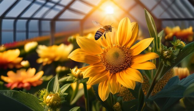 bee pollinating flowers in a greenhouse