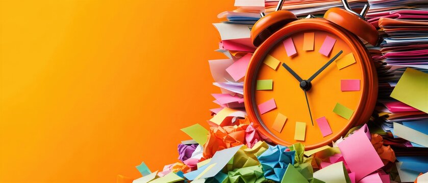 Alarm clock leaning against stack of paper on orange background. Concept of deadline, time management, and heavy workload for Workaholics Day. Banner with copy space