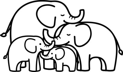 Cute elephant family illustration, simple line art, black and white, adorable animal characters © kumara