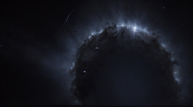 Horizonte de un planeta oscuro con destellos de estrellas brillantes