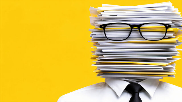 Man with head made of stack of paper documents and glasses. Overwhelmed employee on Workaholics Day. High pressure in office. Concept of deadline, bureaucracy and heavy workload. Yellow background.