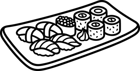 Hand-drawn sushi platter illustration with nigiri, maki rolls, and wasabi © kumara