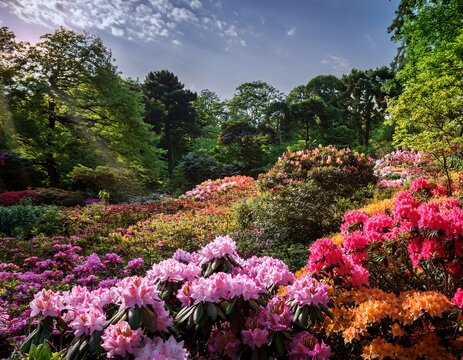 rhododendrons and azaleas creating a vibrant floral display in a botanical garden