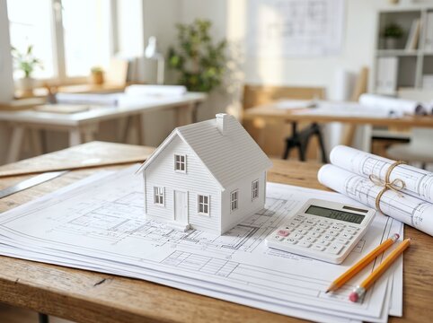 住宅模型と設計図を見ながら電卓でマイホームの夢を計算する