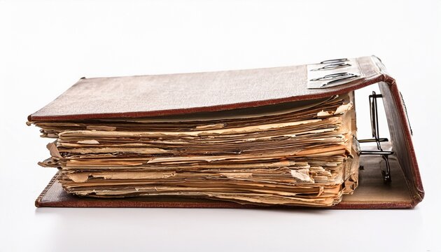 old folder with stack of old papers white background