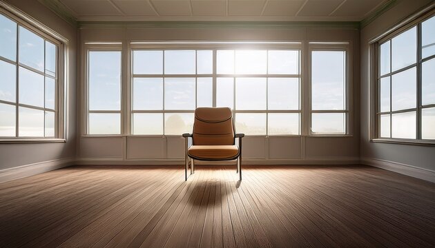 picture of an empty room holding a chair adjacent to expansive window frames