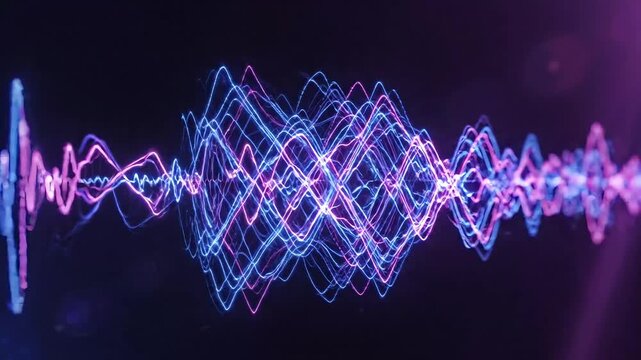 Neon sound wave, purple and blue audio signal, waveform animation, futuristic music technology
