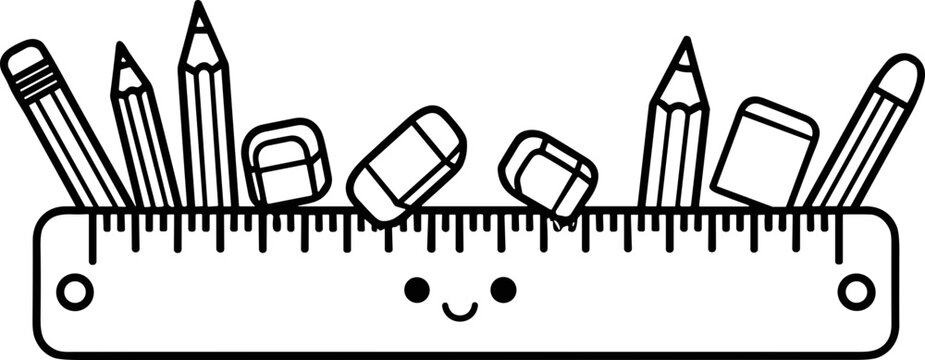 Cute Kawaii Ruler with Pencils and Erasers, Back to School Cartoon Art