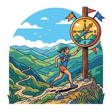 Runner reaches summit checkpoint on mountain trail with compass sign