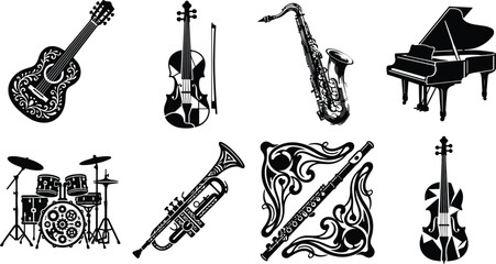 Musical instruments silhouette vector bundle featuring decorative acoustic guitar violin geometric cello saxophone grand piano drum kit trumpet and flute isolated on white background © ARNAB