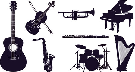 Musical instruments silhouette vector set featuring guitar, violin, piano, trumpet, saxophone, drums, flute, and harp on white background © ARNAB